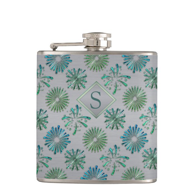 Flasques Motif élégant orné bleu-vert monogramme (Devant)