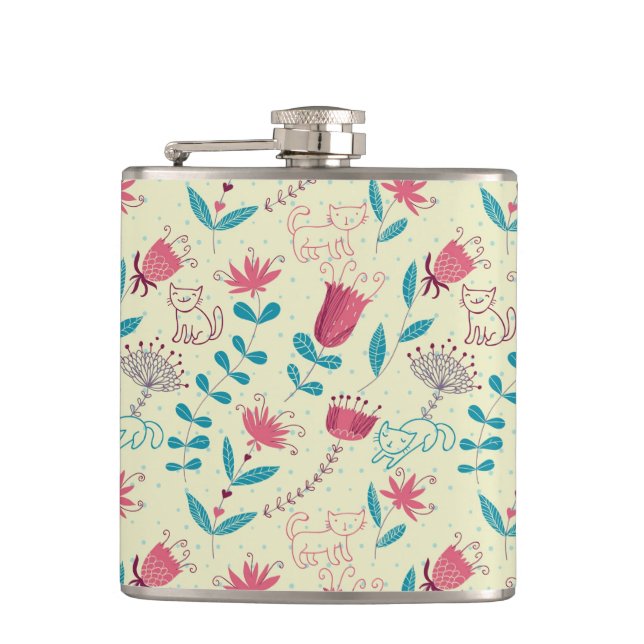 Flasques Motif floral avec des chats de bande dessinée (Devant)