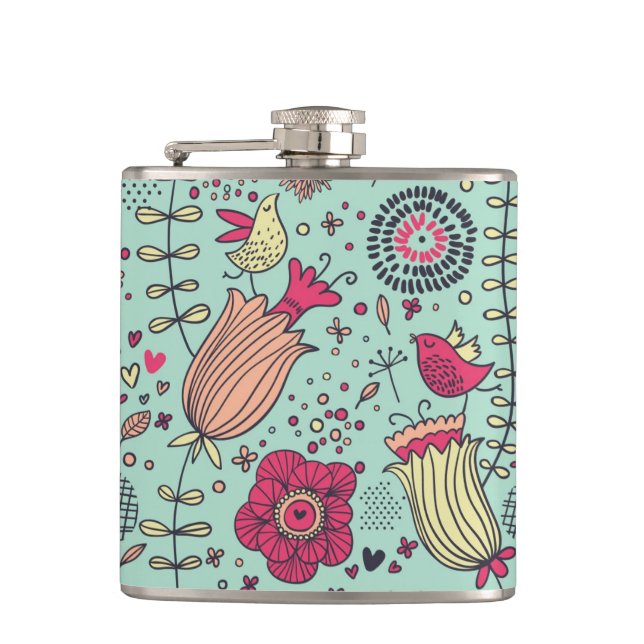 Flasques Motif floral de bande dessinée avec des oiseaux (Devant)