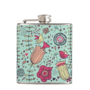 Flasques Motif floral de bande dessinée avec des oiseaux