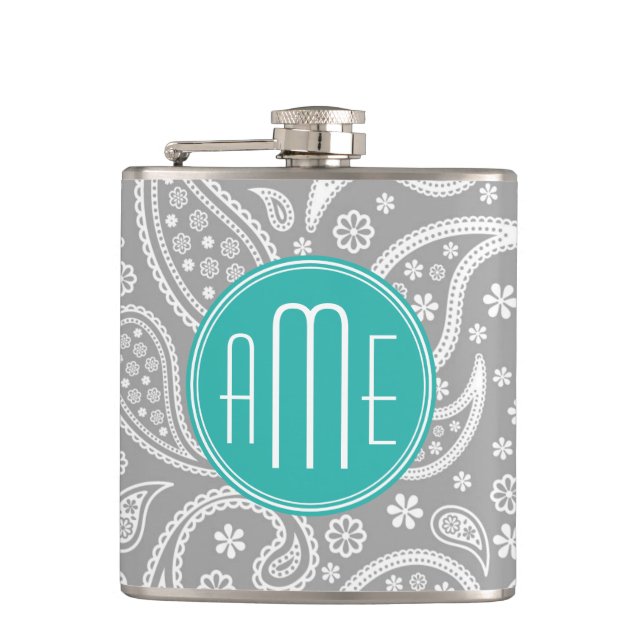 Flasques Motif gris floral chic de Paisley et monogramme (Devant)