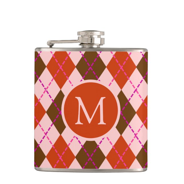 Flasques Motif monogrammé argyle rouge rose et marron (Devant)