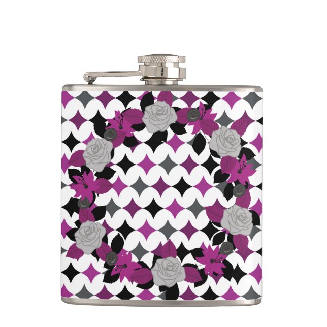 FLASQUES MOTIFS ET FLEURS NOIR GRIS BLANC VIOLET (Devant)