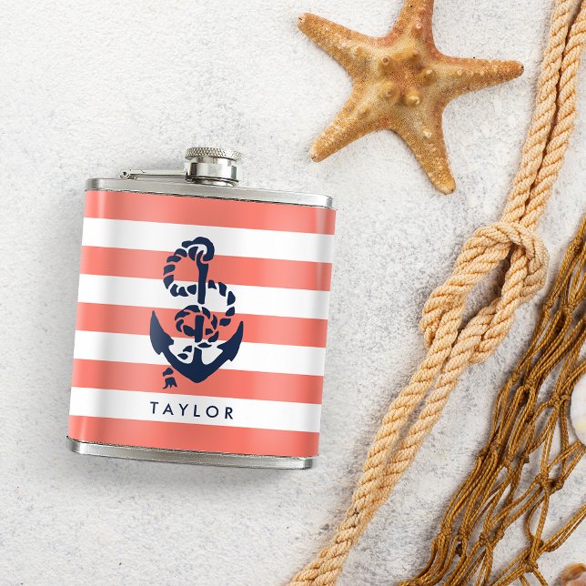 Flasques Nautical Coral Stripe & Navy Anchor Personalized (Créateur téléchargé)