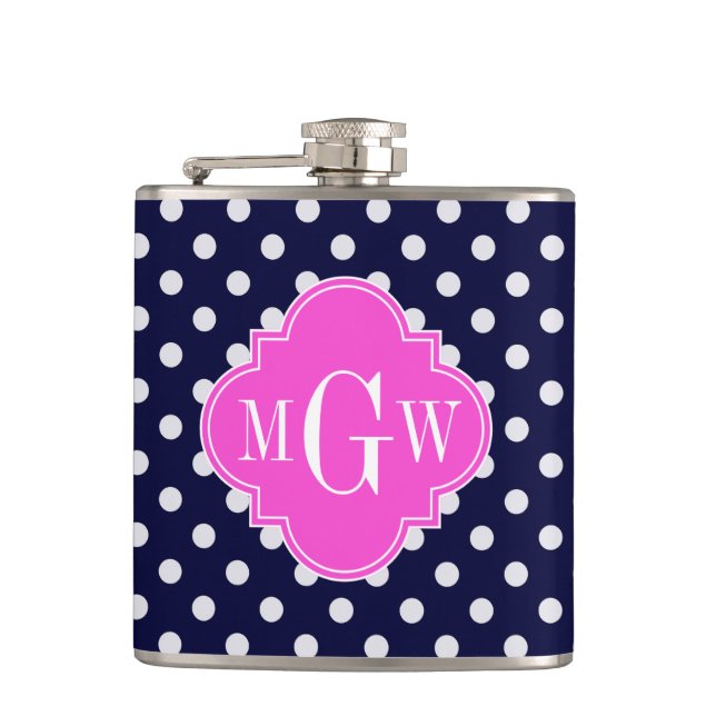 Flasques Navy Blanc pois rose vif Quatrefoil 3 Monogramme (Devant)