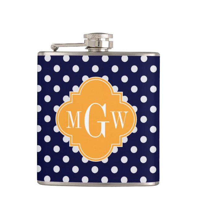 Flasques Navy Wt pois Cantaloupe Quatrefoil 3 Monogramme (Devant)