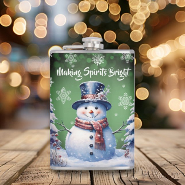 Flasques Noël de la forêt d'hiver | Green (Green Winter Forest Snowman Christmas Flask)