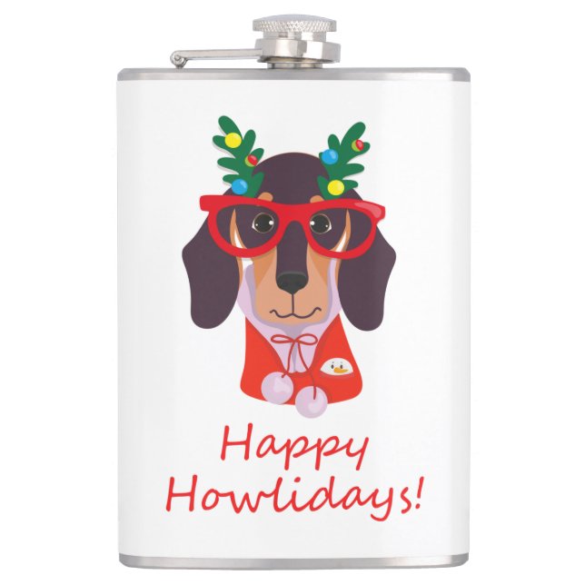 Flasques Noël mignon chien drôle Dachshund Howlidays 8 oz (Devant)