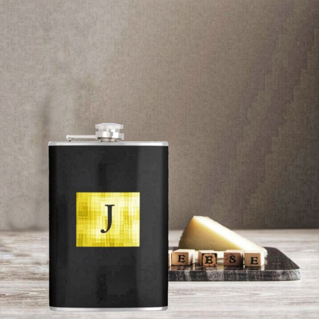 Flasques Noir à panneaux en or II (Choose your own Monogram, when you choose this Gold Paneled Black-II Flask!)