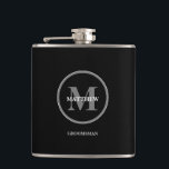 Flasques Noir élégant mariage Monogramme Groomsman<br><div class="desc">Levez le toast avec une élégance intemporelle : Black Elegant Wedding Monogram Groomsman Flask. Voici notre Black Elegant Mariage Monogram Groomsman Flask - un symbole de goût raffiné et de camaraderie, méticuleusement conçu pour améliorer les moments spéciaux de votre journée de mariage. Cette fiole résume l'essence de l'élégance classique, ornée...</div>