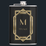 Flasques Noir et or Géométrique | Monogramme & Nom<br><div class="desc">Élégant et chic cadre géométrique art déco noir et or avec monogramme. Il s'agit d'un modèle prêt à être personnalisé avec votre initiale. Inspiré des années 1920 style Art déco Gatsby. Idéal pour une soirée speakeasy ou simplement une soirée poker.</div>
