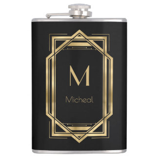 Flasques Noir et Or Géométrique | Monogramme & Nom