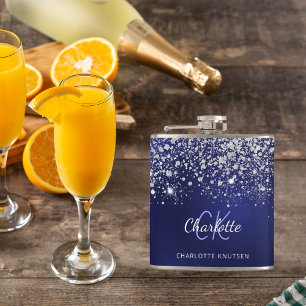 Flasques Nom en monogramme argent bleu écriture scintillant