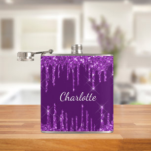 Flasques Nom monogramme avec gouttes de paillettes violette