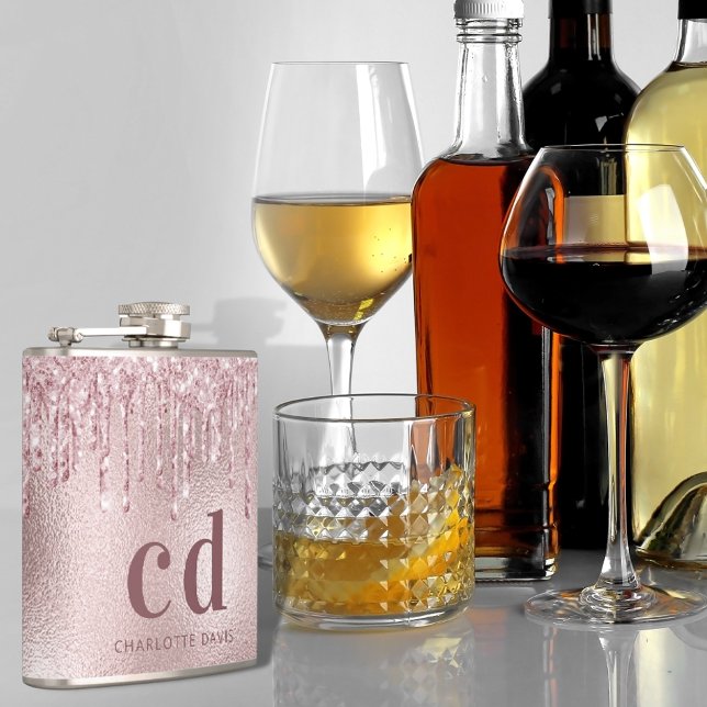 Flasques Nom monogramme en gouttes de paillettes rose paste (Créateur téléchargé)