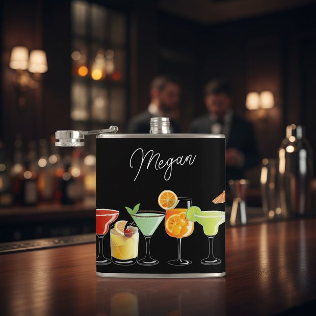 Flasques Nom personnalisé avec cocktails dessinés à la main (Créateur téléchargé)