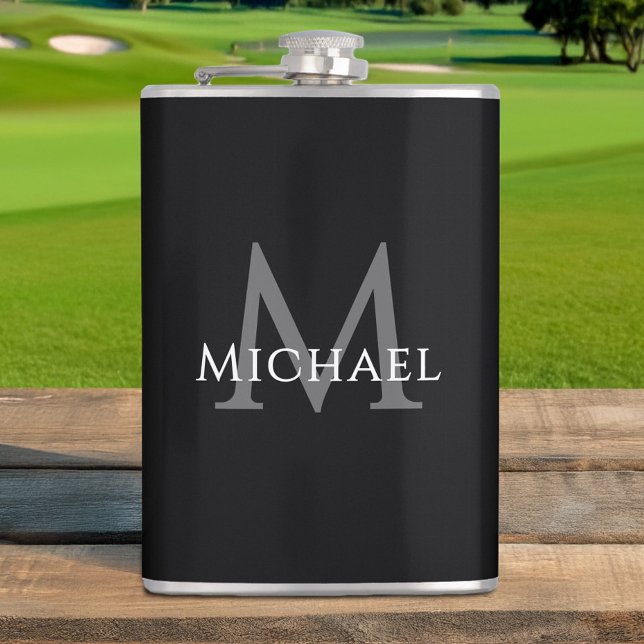Flasques Nom personnalisé avec initiales Noir Gris Personna (Monogrammed Name Initial Black Gray Custom Flask)