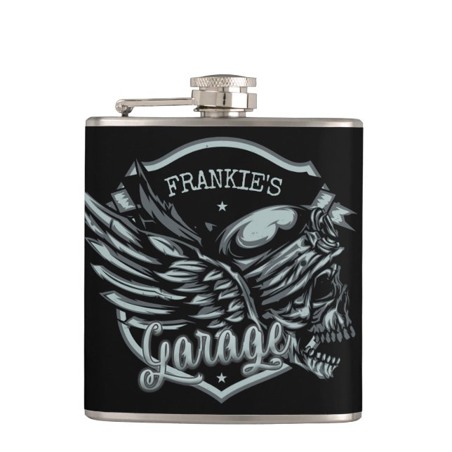 Flasques Nom personnalisé Biker Skull Wings Motorcycle Gara (Devant)
