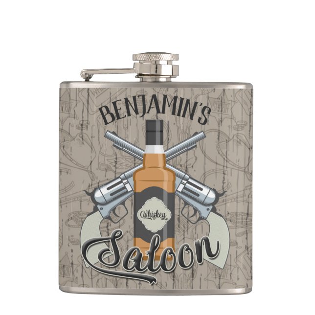 Flasques Nom personnalisé Cowboy Revolver Gun Whiskey Saloo (Devant)