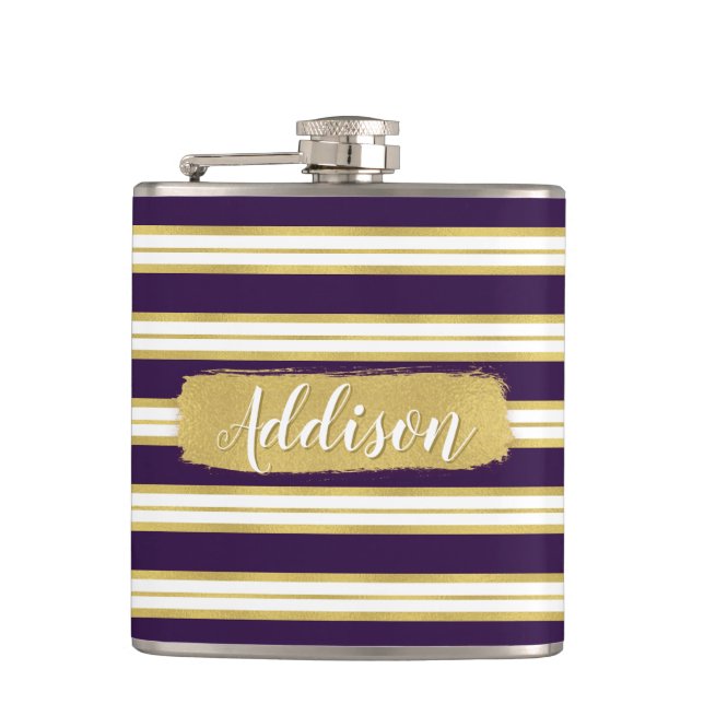 Flasques Nom personnalisé du Motif de bande dorée violet fo (Devant)