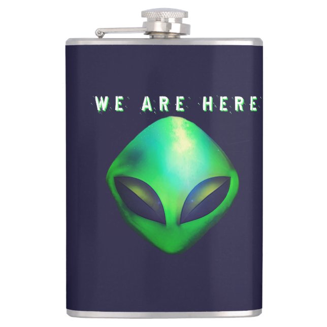 Flasques "Nous sommes ici" Tête d'alien vert (Devant)
