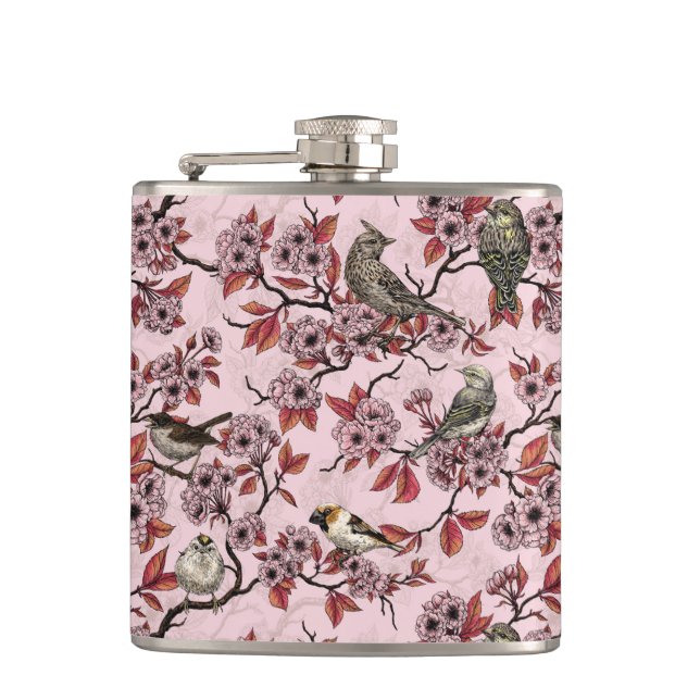 Flasques Oiseaux et fleurs de cerisier sur fond rose saumon (Devant)