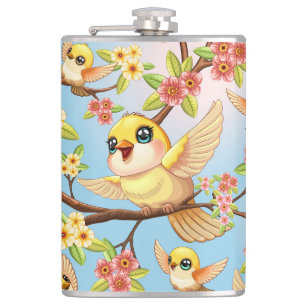 Flasques Oiseaux mignons et heureux parmi les fleurs du pri