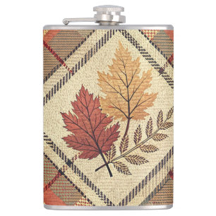 FLASQUES OR VERT ROUGE CHUTE PLAID MOTIFS AVEC FEUILLES