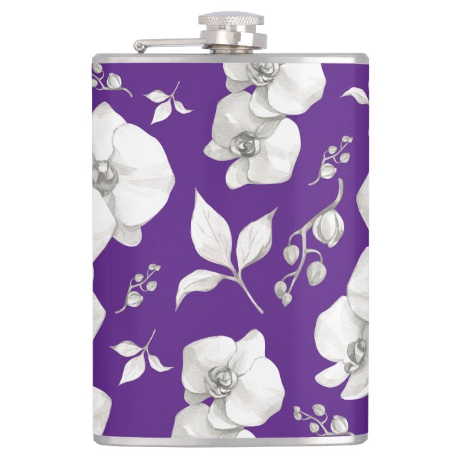 Flasques Orchidée blanche aquarelle sur violet | (Devant)