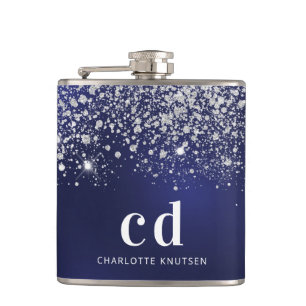 Flasques Paillettes bleu marine initiales monogramme argent