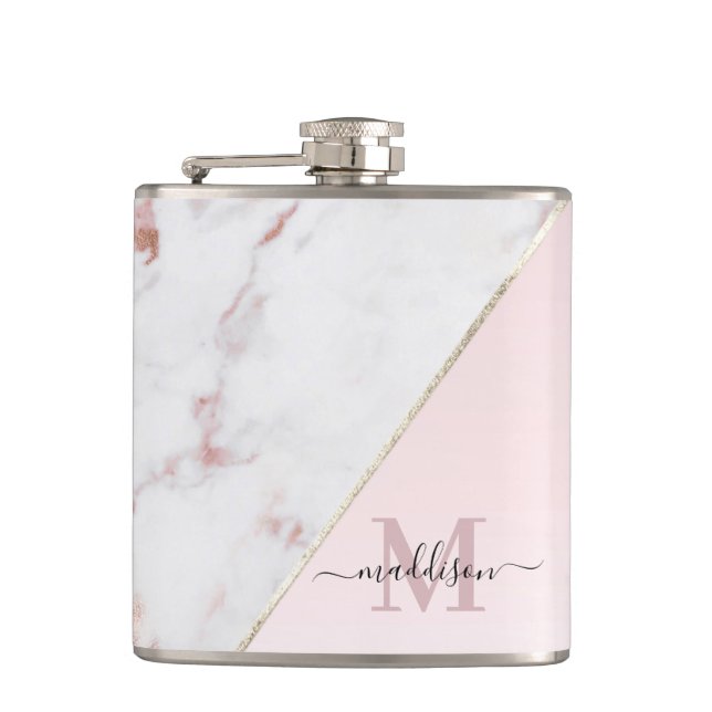 Flasques Paillettes de Monogramme de Marbre Rose Féminin (Devant)
