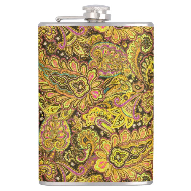 Flasques Paisley Motif in Yellow, Brown on Black Background (Devant)