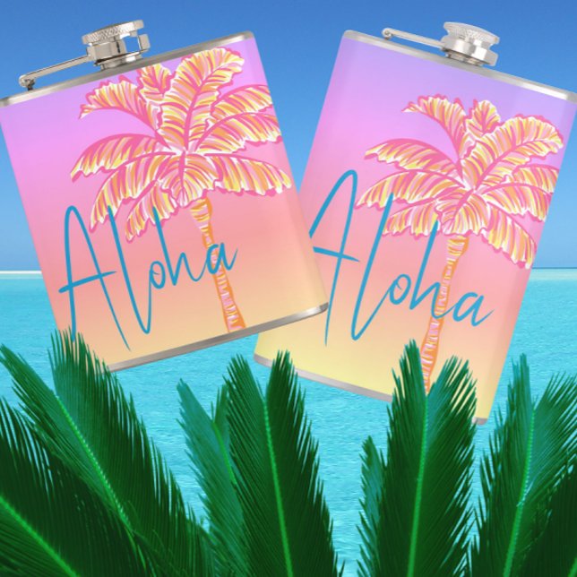 Flasques Palmier de coucher de soleil tropical rose Aloha 6 (Keep hydrated! Personalize it!)