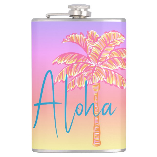 Flasques Palmier rose Tropical Coucher de Soleil Aloha 8oz. (Devant)