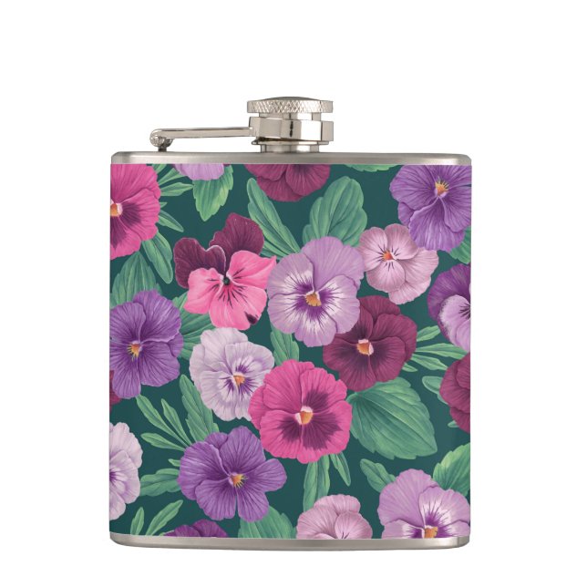 Flasques Pansies colorées sur bleu vert foncé (Devant)