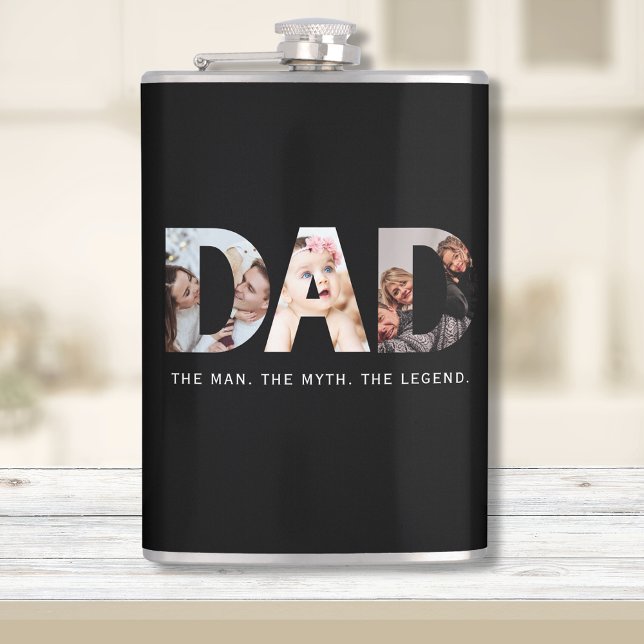 Flasques Papa légende cadeau avec 3 photo collage (Dad flask, with 3 photo collage. Text: "The man. The myth. The legend")