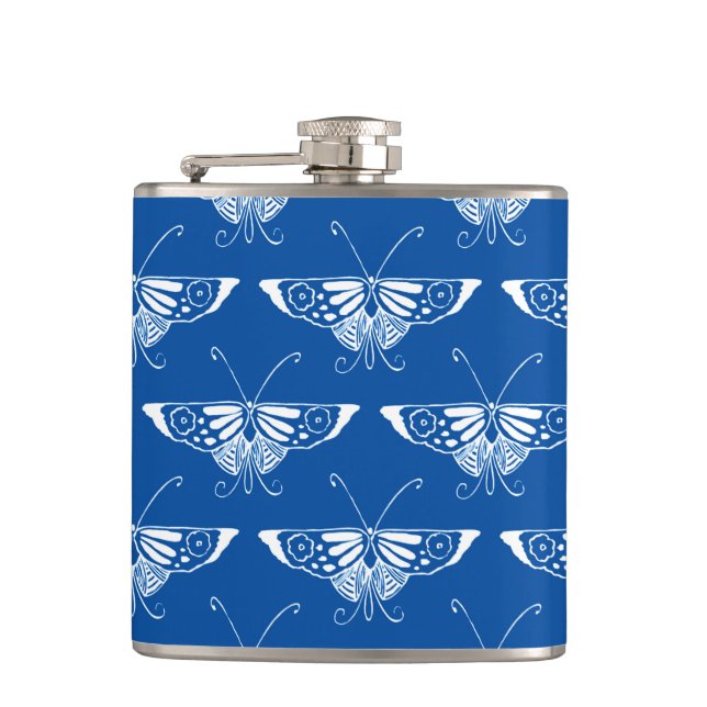Flasques Papillon Art déco stylisé, bleu cobalt et blanc (Devant)
