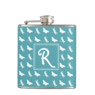 Flasques Papillon sarcelle et monogramme de libellule