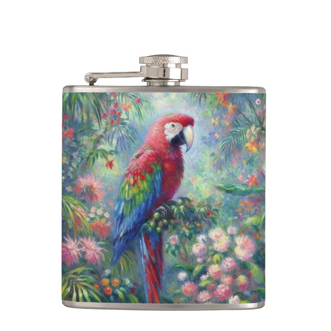 Flasques Parrot Oiseau Jungle Floral Rouge Bleu Vert Fleurs (Devant)