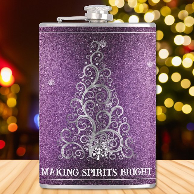 Flasques Parties scintillant d'arbre de Noël et flocons de  (Magenta Christmas Tree Glitter and Snowflakes Flask)