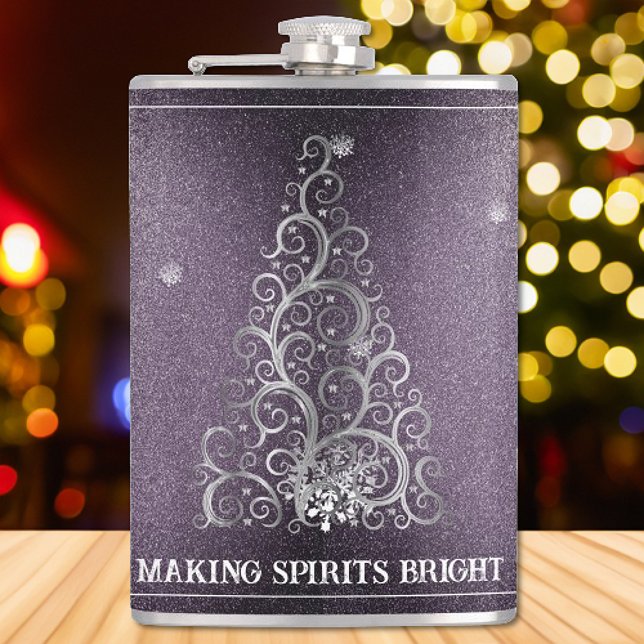 Flasques Parties scintillant d'arbre de Noël et flocons de  (Purple Christmas Tree Glitter and Snowflakes Flask)