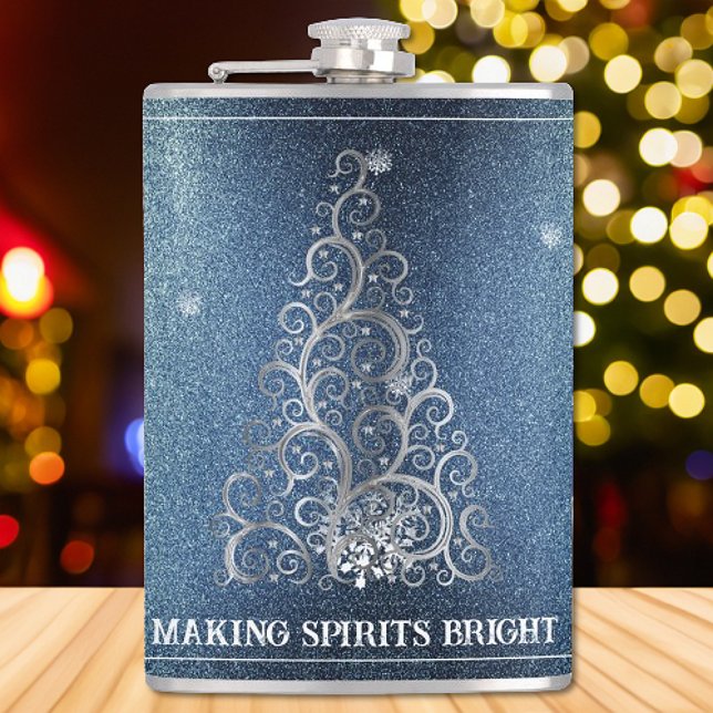 Flasques Parties scintillant d'arbre de Noël et flocons de  (Blue Christmas Tree Glitter and Snowflakes Flask)