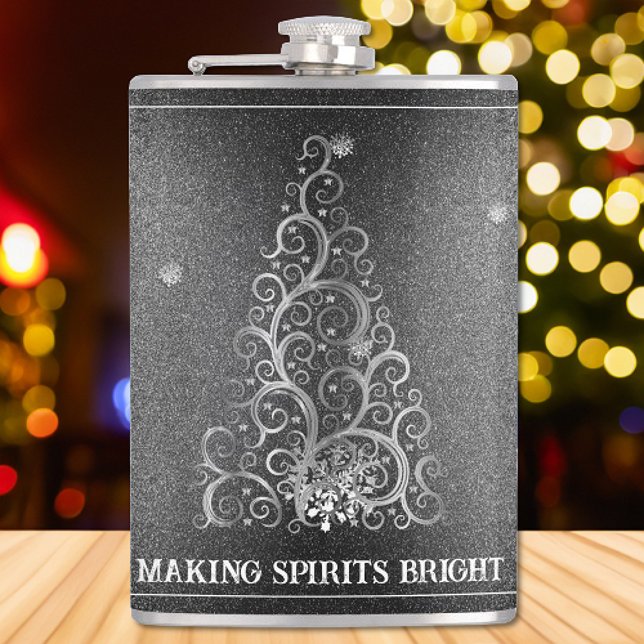 Flasques Parties scintillant d'arbre de Noël et flocons de  (Silver Christmas Tree Glitter and Snowflakes Flask)