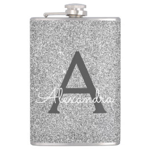 Flasques Parties scintillant d'argent et monogramme initial