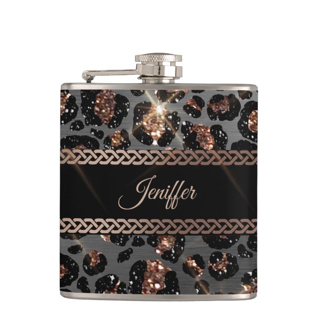 Flasques Parties scintillant Leopard Black Gold personnalis (Devant)