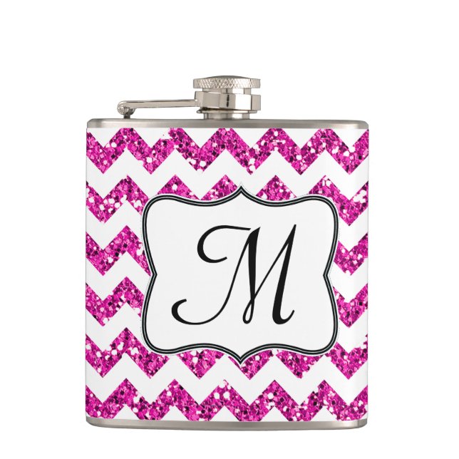 Flasques Parties scintillant rose moderne Chevron Monogram  (Devant)