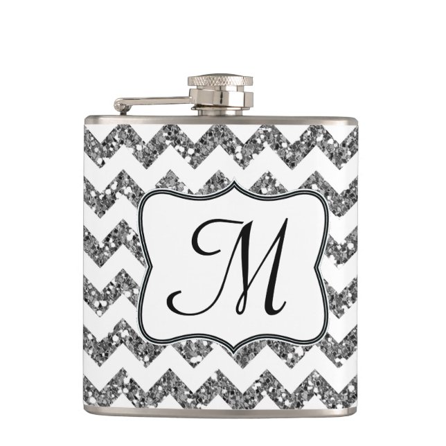 Flasques Parties scintillant Silv moderne Chevron Monogram  (Devant)