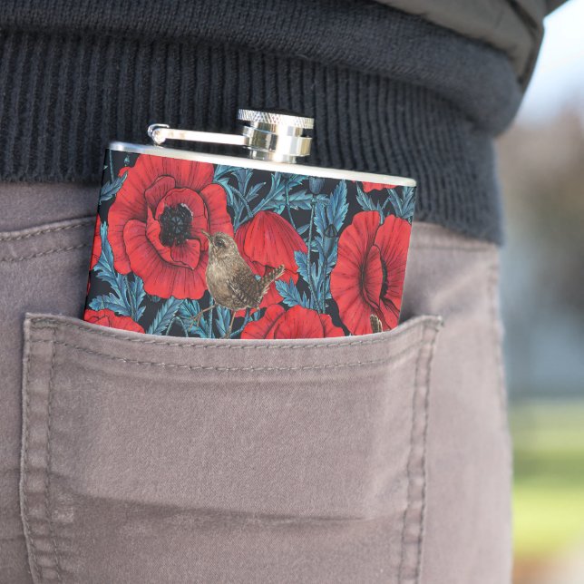 Flasques Pavot rouge et brunes, feuilles bleus sur noir (En situation)