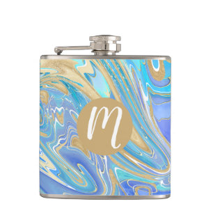 Flasques Pearlescent Aqua & Gold Liquide Marbre & Monogramm