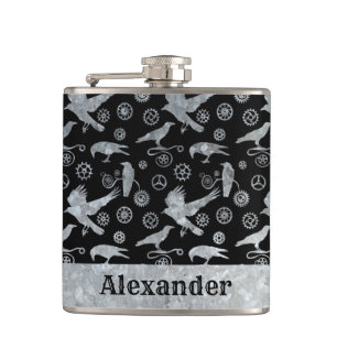Flasques Petit Steampunk Argent Zinc engrenages et corbeaux